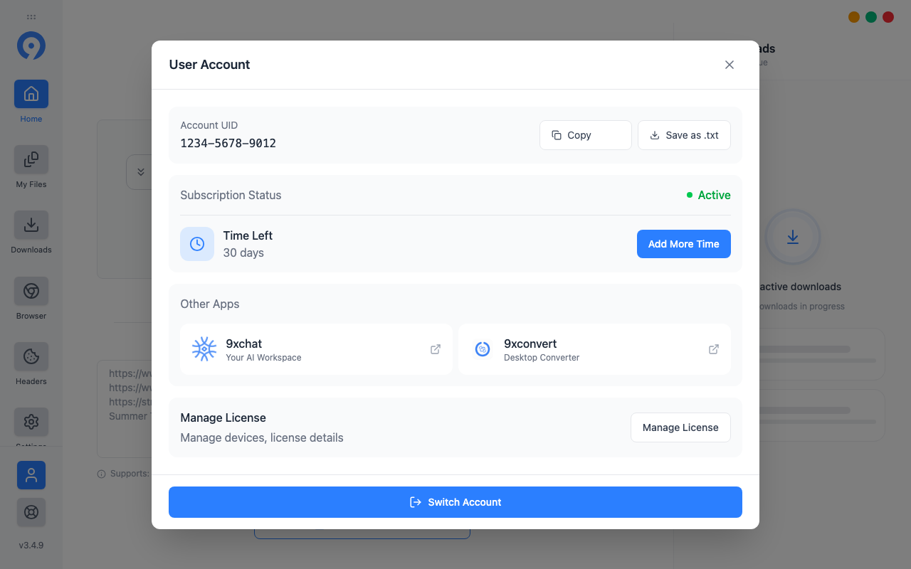 9xbuddy User Account showing a fictional UID, Copy, Save as txt, Manage License, and Switch Account