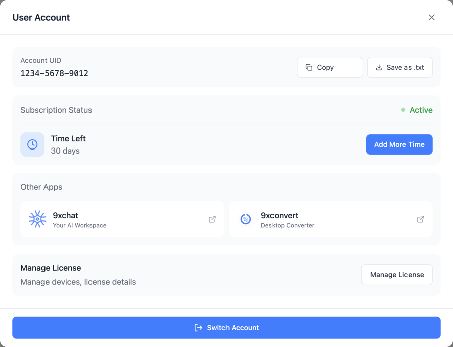 9xbuddy User Account window showing a fictional UID with Copy and Save as txt actions