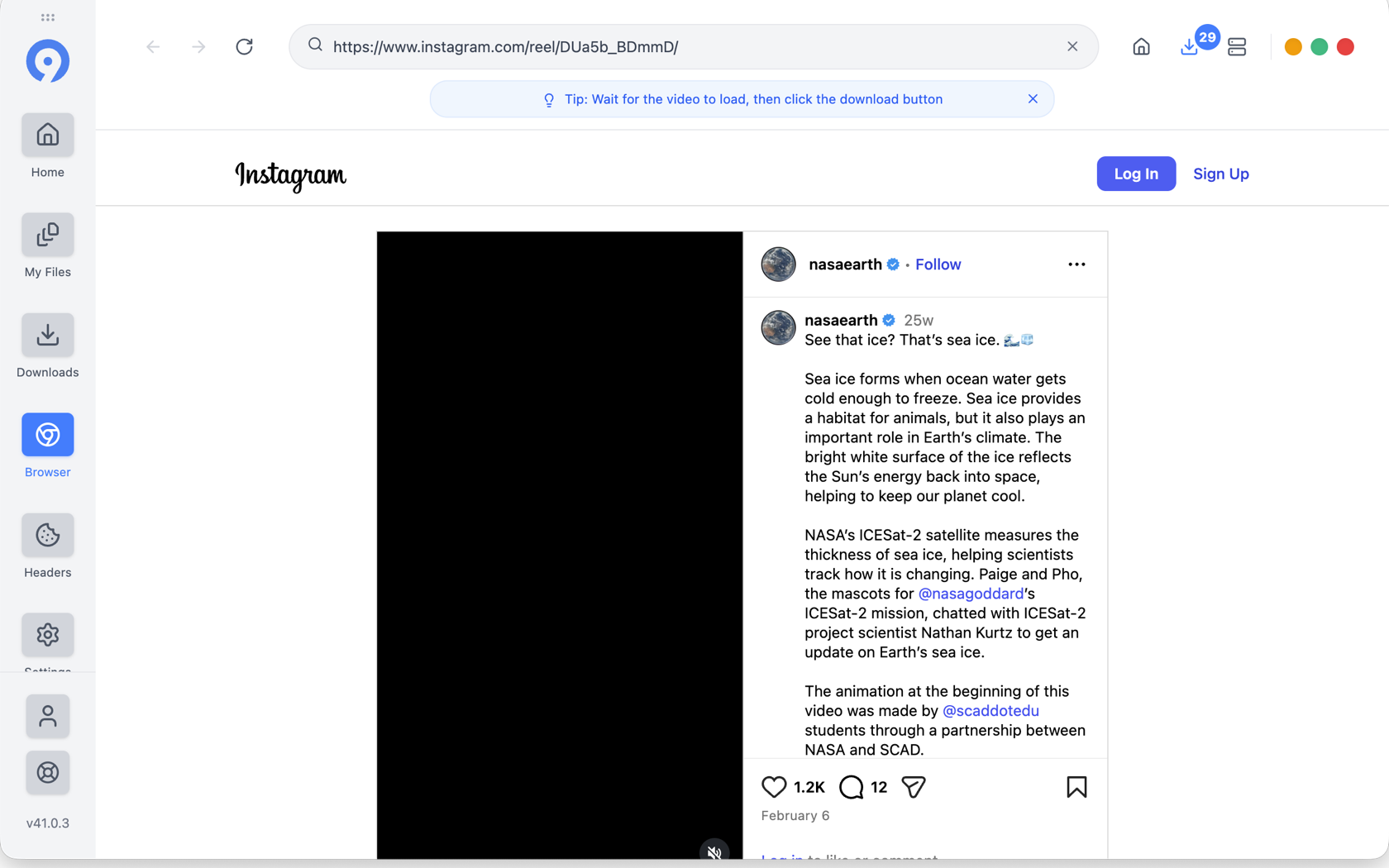 9xbuddy built-in Browser open to the same public Instagram Reel used in the first-download guide