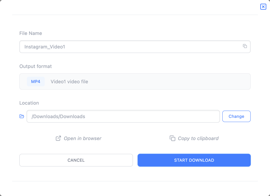 9xbuddy download options showing the file name, output format, folder, and Start Download button