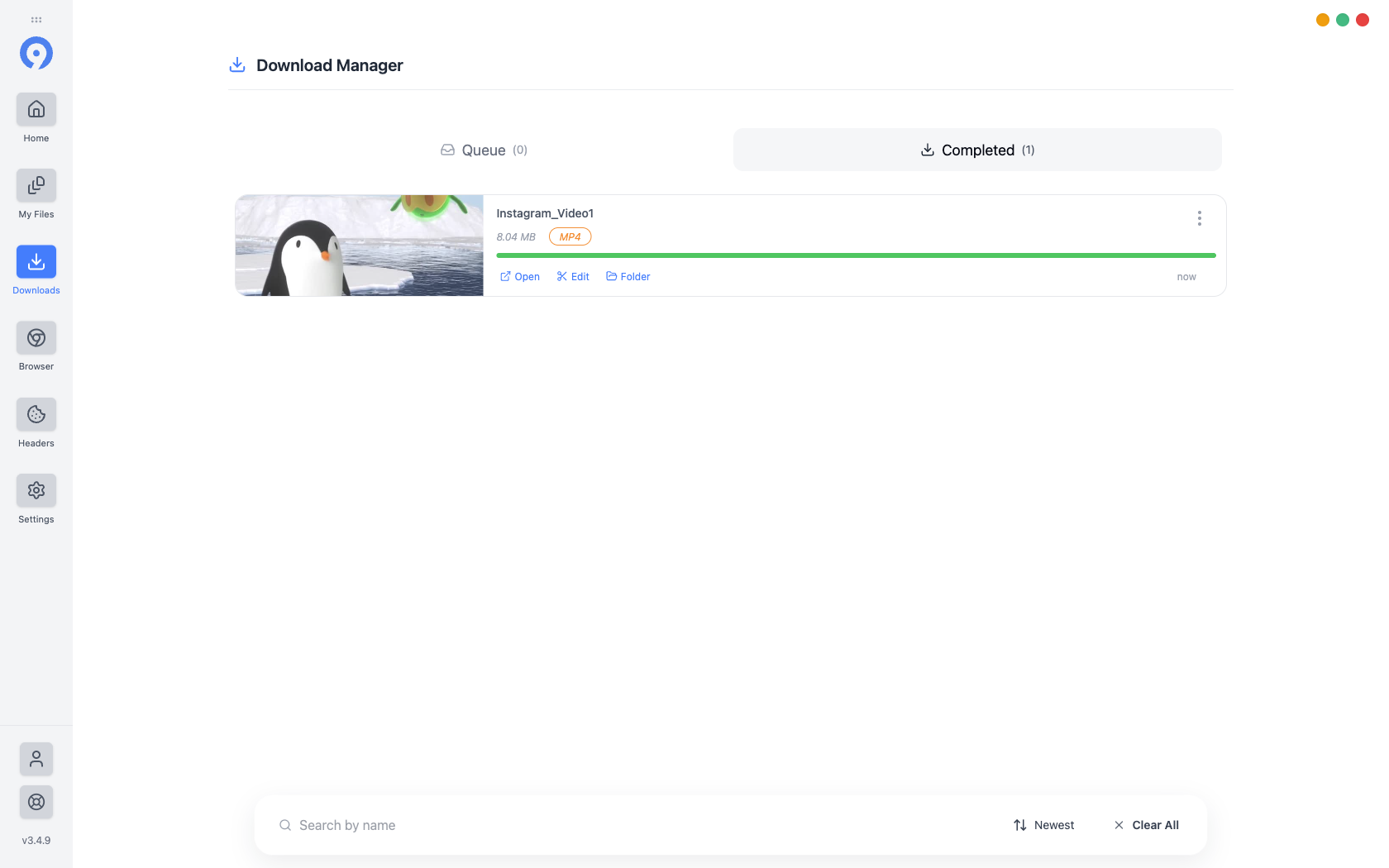9xbuddy Downloads Completed list showing a finished file and its available actions