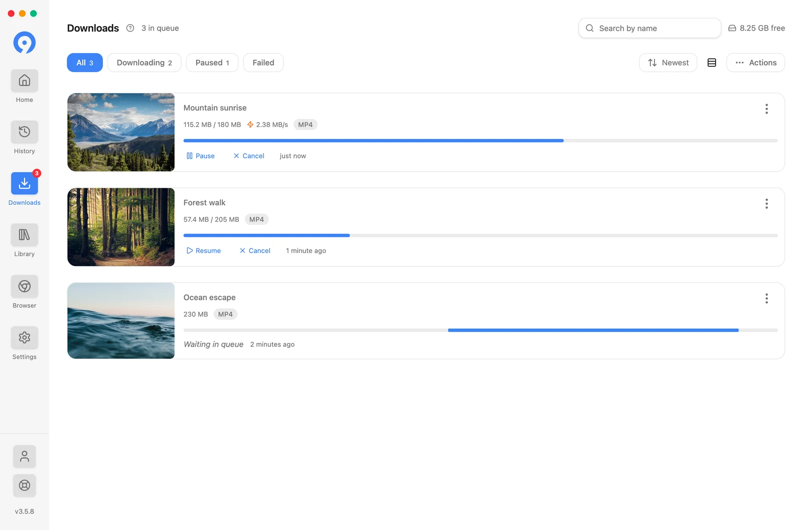 9xbuddy Downloads die drie lopende overdrachten tonen met voortgangsbalken, byteaantallen en snelheden, en twee mislukte items daaronder die Opnieuw proberen, Opnieuw opstarten en Browser aanbieden