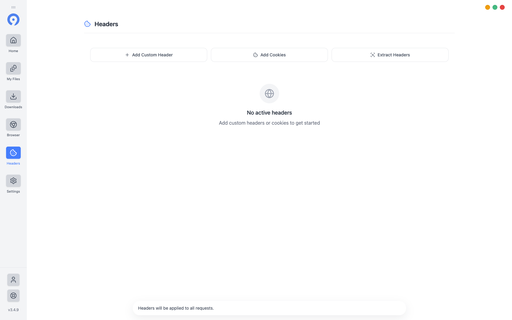 9xbuddy Headers page with Add Custom Header, Add Cookies, and Extract Headers actions and no headers configured