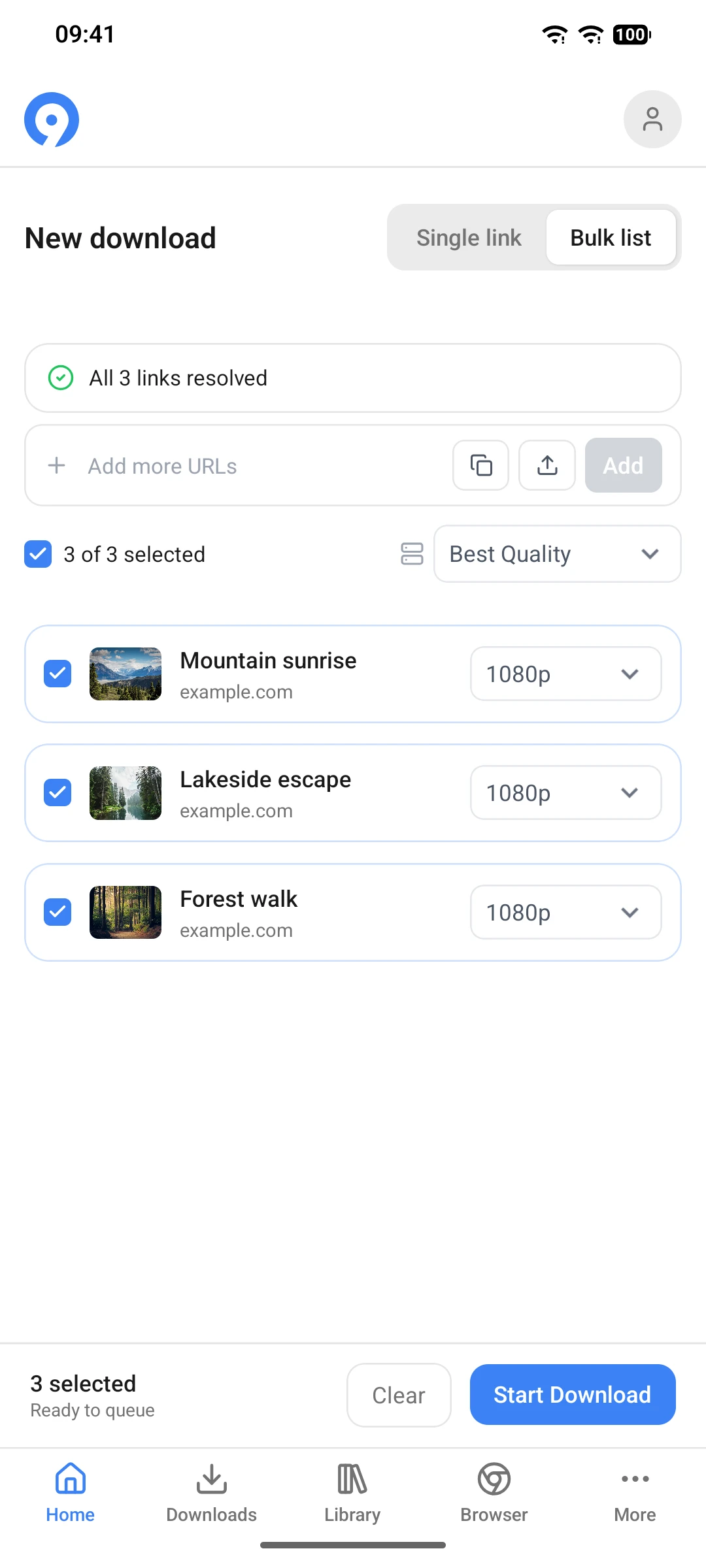 9xbuddy on Android in Bulk list mode with three resolved links ticked, a quality per row, and Start Download