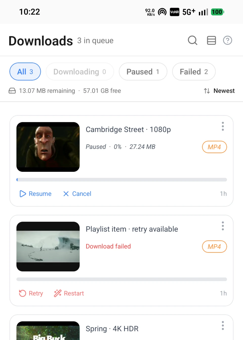 9xbuddy Android Downloads screen showing a paused transfer and failed transfers with Retry and Restart actions