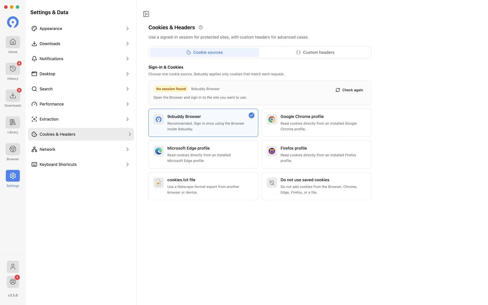 Nguồn cookie 9xbuddy: Trình duyệt 9xbuddy, hồ sơ Google Chrome, hồ sơ Microsoft Edge, hồ sơ Firefox, tệp cookies.txt và Không sử dụng cookie đã lưu, với biểu ngữ ở trên báo cáo không tìm thấy phiên