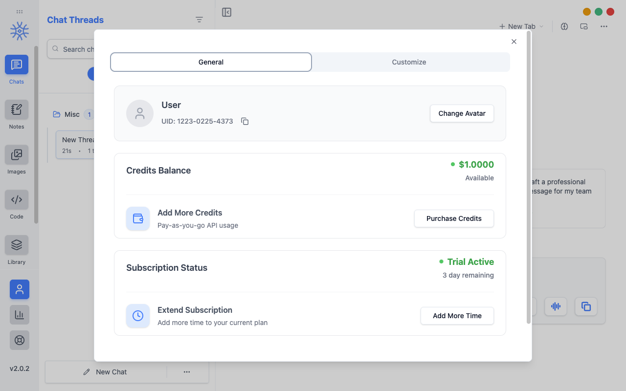 9xchat account dialog showing the documentation UID, credit balance, and active trial