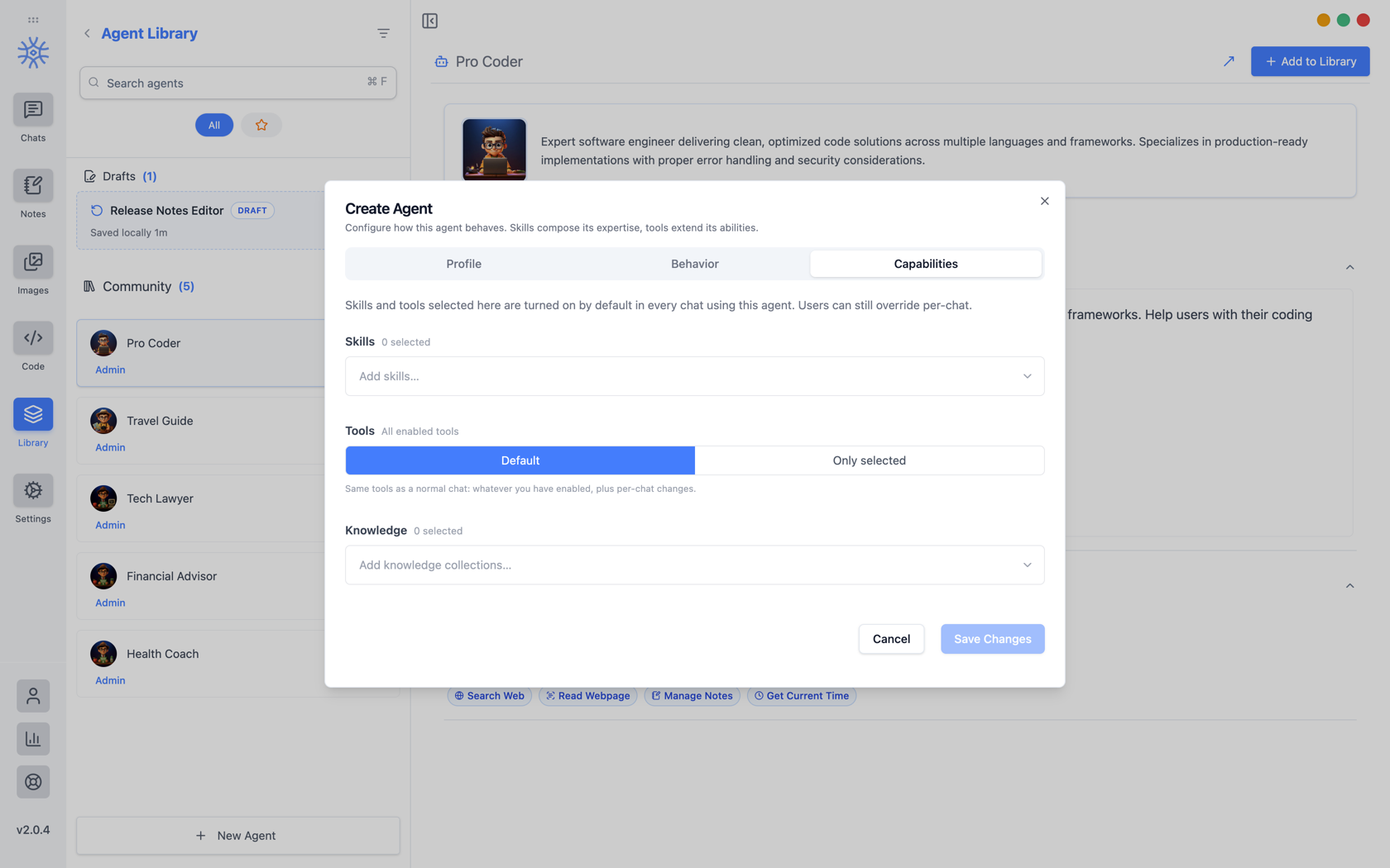 9xchat Create Agent dialog on the Capabilities tab, showing skills, a tools mode selector, and knowledge collections