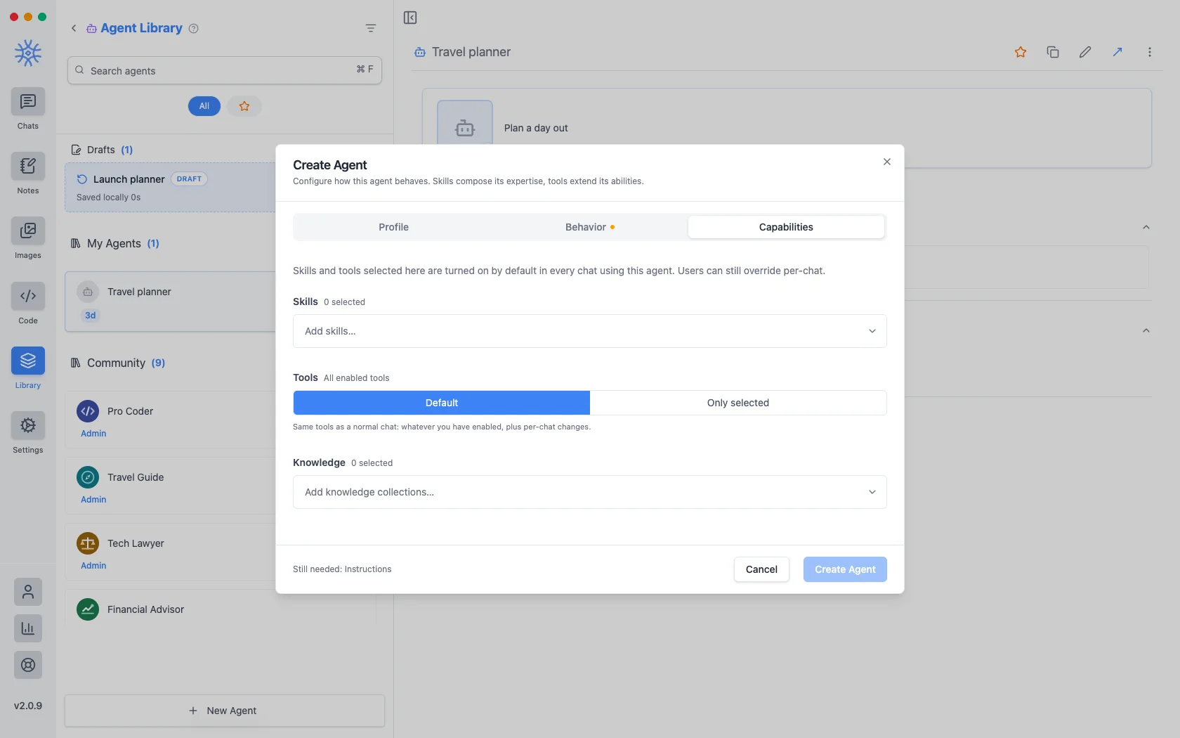 9xChat Create Agent dialog on the Capabilities tab, showing skills, a tools mode selector, and knowledge collections