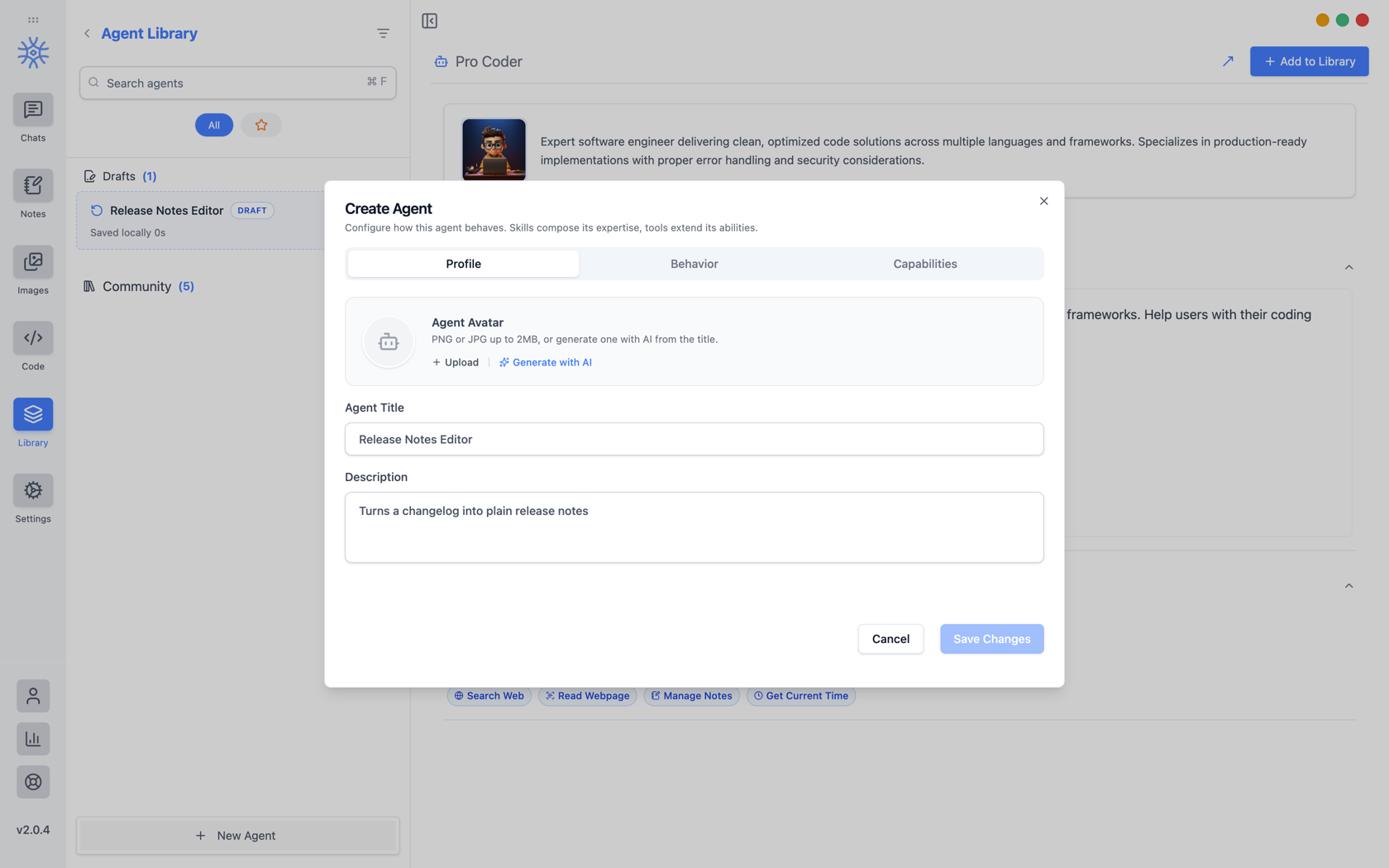 9xchat Create Agent dialog on the Profile tab with a title and description filled in, and a draft entry in the sidebar
