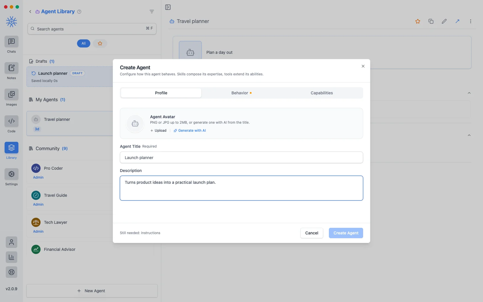 9xChat Create Agent dialog on the Profile tab with a title and description filled in, and a draft entry in the sidebar