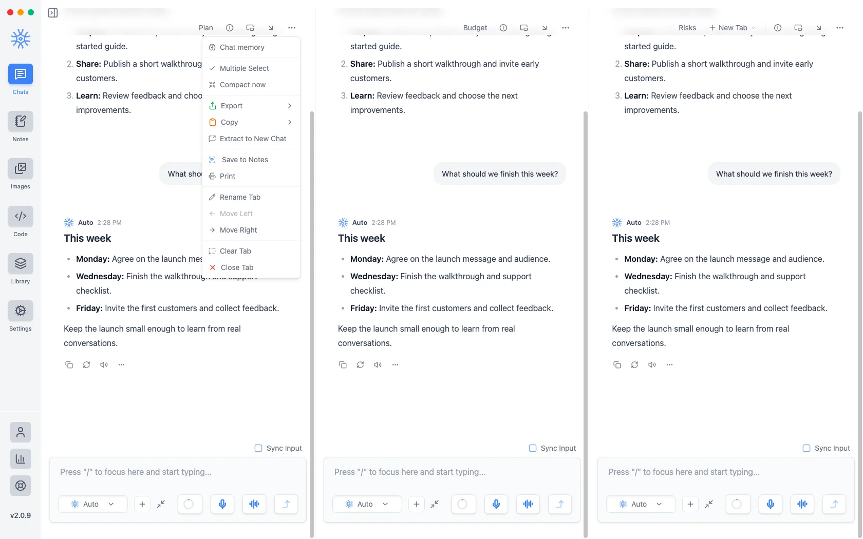9xChat chat with three tabs open and the tab More actions menu showing Rename Tab, Move Left, Move Right and Close Tab