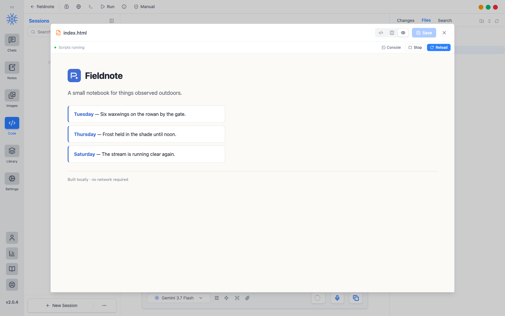 The workspace preview running a local page, showing its logo, heading, and three list entries built by its own script