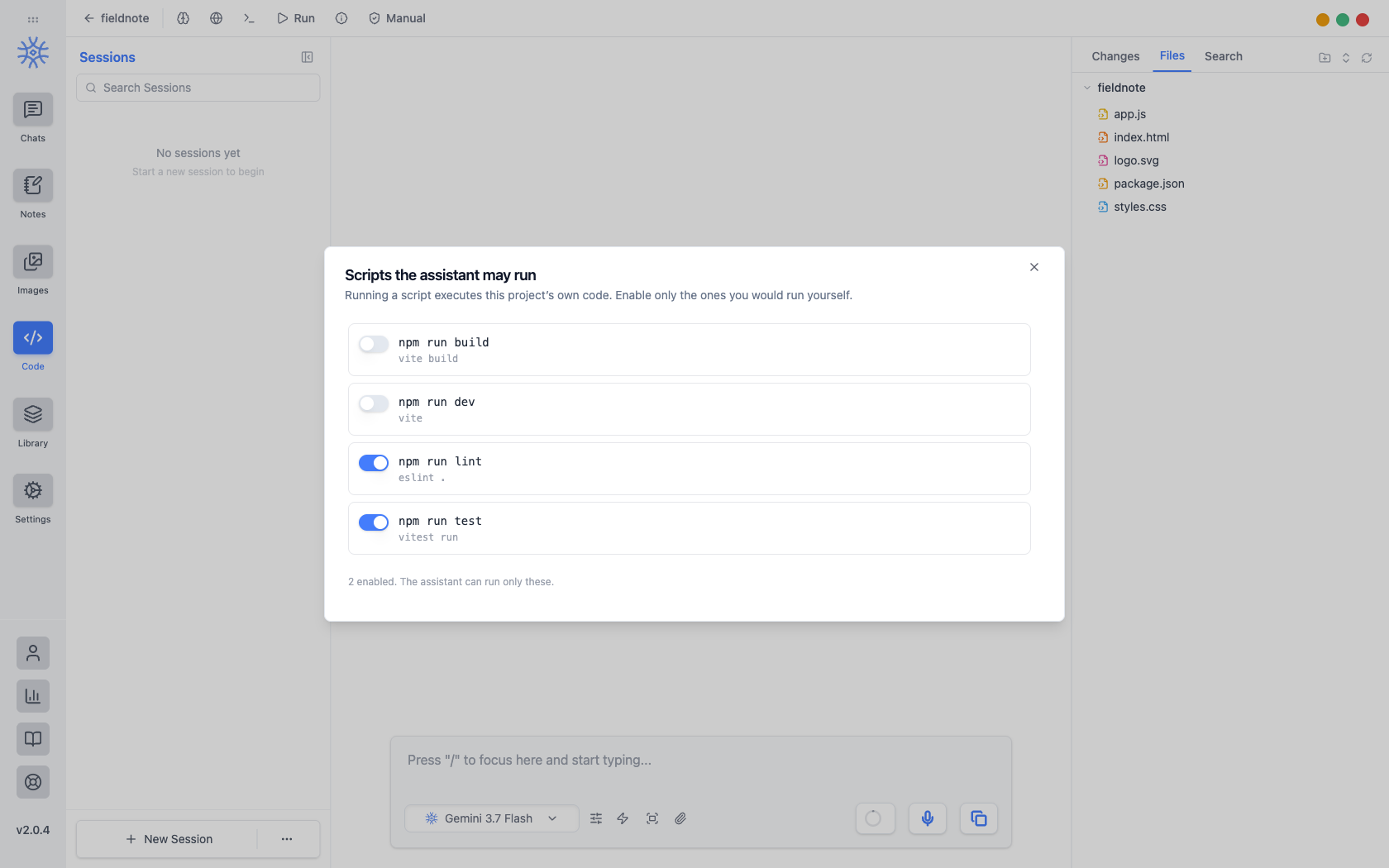The Scripts the assistant may run dialog listing build, dev, lint, and test with lint and test enabled
