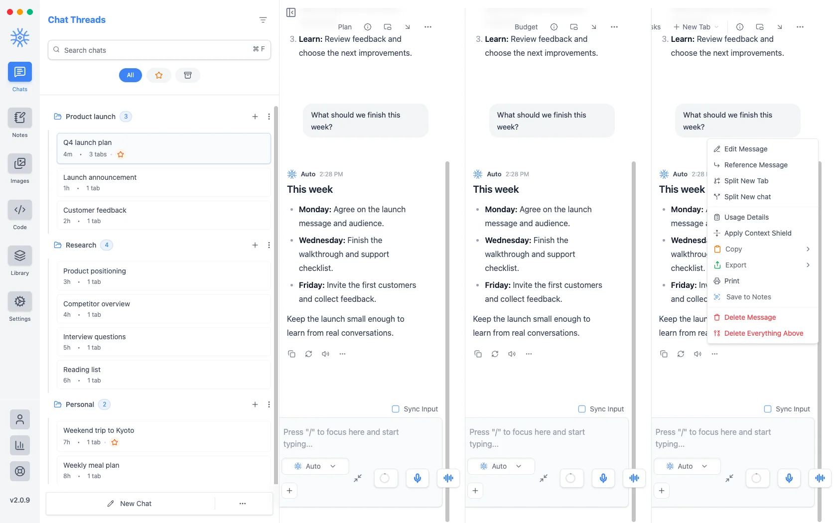 9xChat reply with the More actions menu open, listing Edit Message, Reference Message, Split New Tab, Split New chat, Usage Details, Apply Context Shield, Copy, Export, Print, Save to Notes and Delete