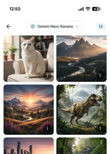 9xChat image gallery on a phone showing generated images of a cat, mountains, a valley and a dinosaur