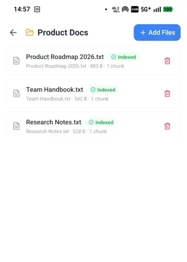 9xChat knowledge collection named Product Docs on a phone, with three indexed text files and Add Files