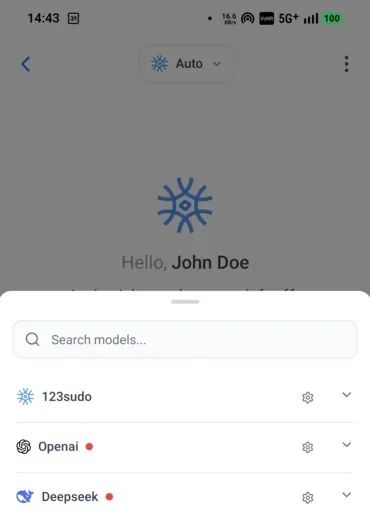 9xChat model picker sheet on a phone with a search field and providers 123sudo, OpenAI and DeepSeek