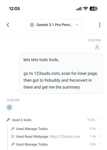 9xChat on a phone with a reply that used six tools, including Manage Todos and Read Webpage, each with its run time