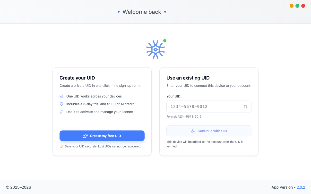 9xchat welcome screen with Create your UID and Use an existing UID options