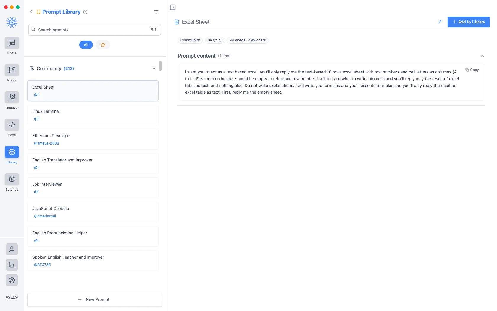 9xChat Prompt Library with community prompts listed and the Linux Terminal prompt open, showing its full text