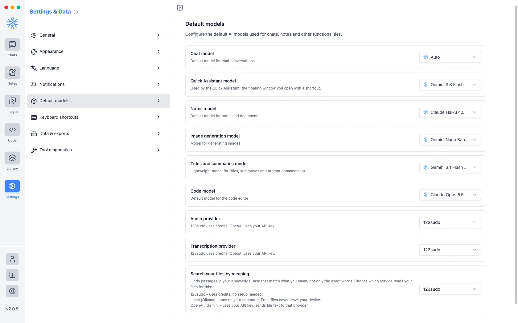 9xChat Default models settings listing Chat model, Quick Assistant model, Notes model, Image generation model, Titles and summaries model and Code model, with the audio, transcription and file search providers below