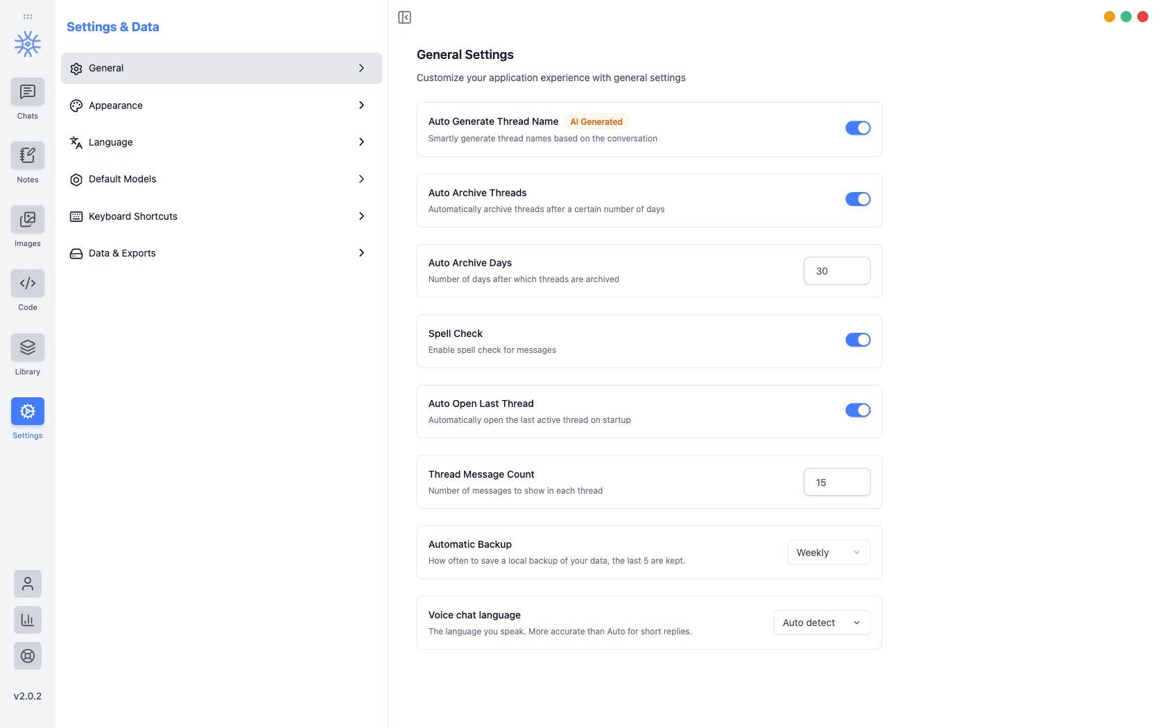 9xchat Settings with General, Appearance, Language, Default Models, Keyboard Shortcuts, and Data & Exports sections