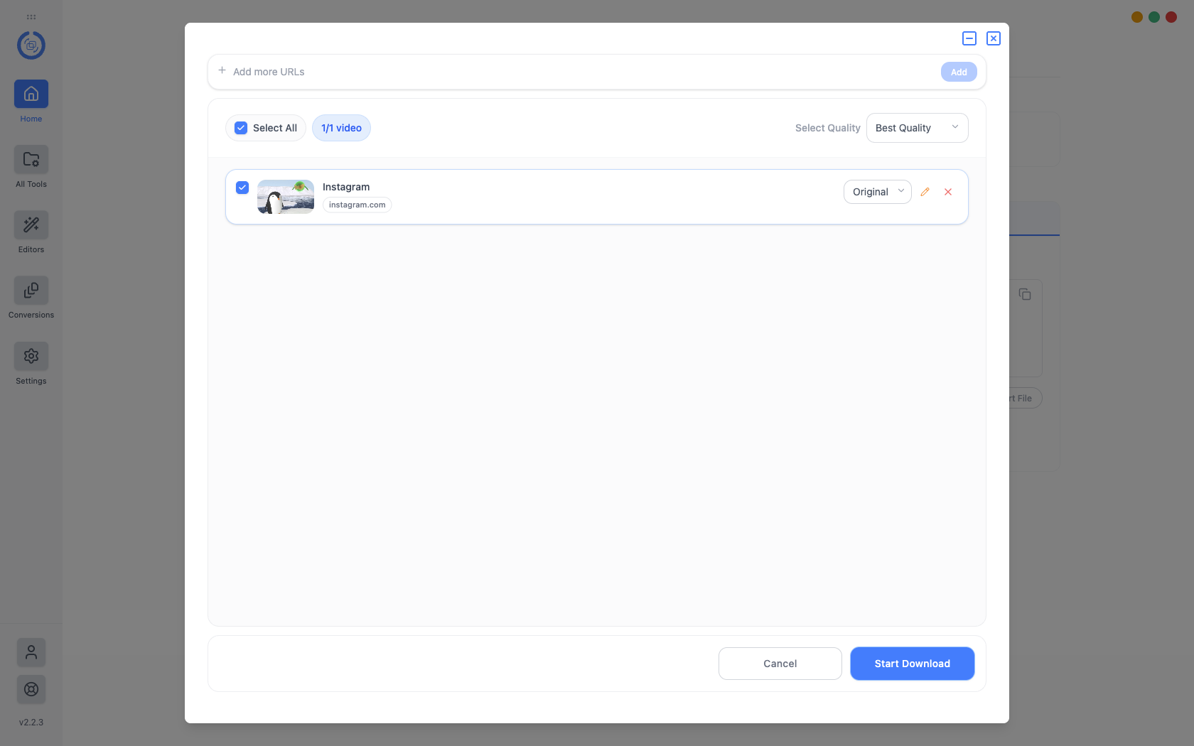 9xconvert bulk download dialog with one Instagram item selected, a batch quality control, and Start Download