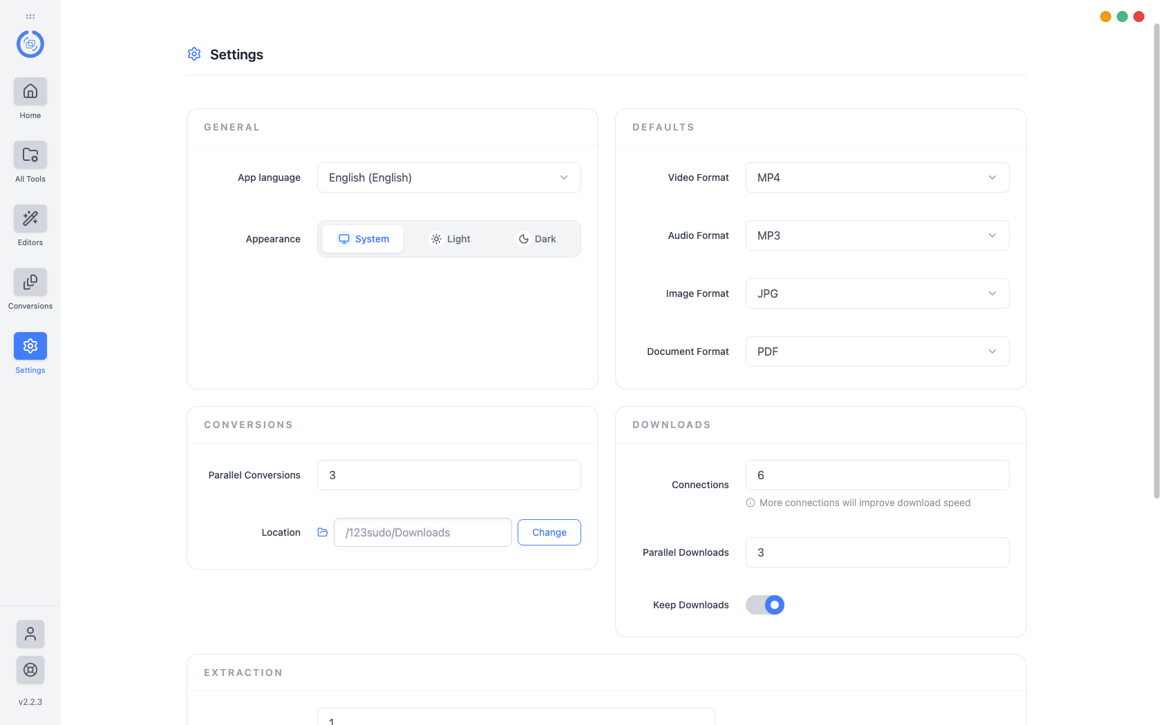 9xconvert Settings showing the General, Defaults, Conversions, and Downloads groups