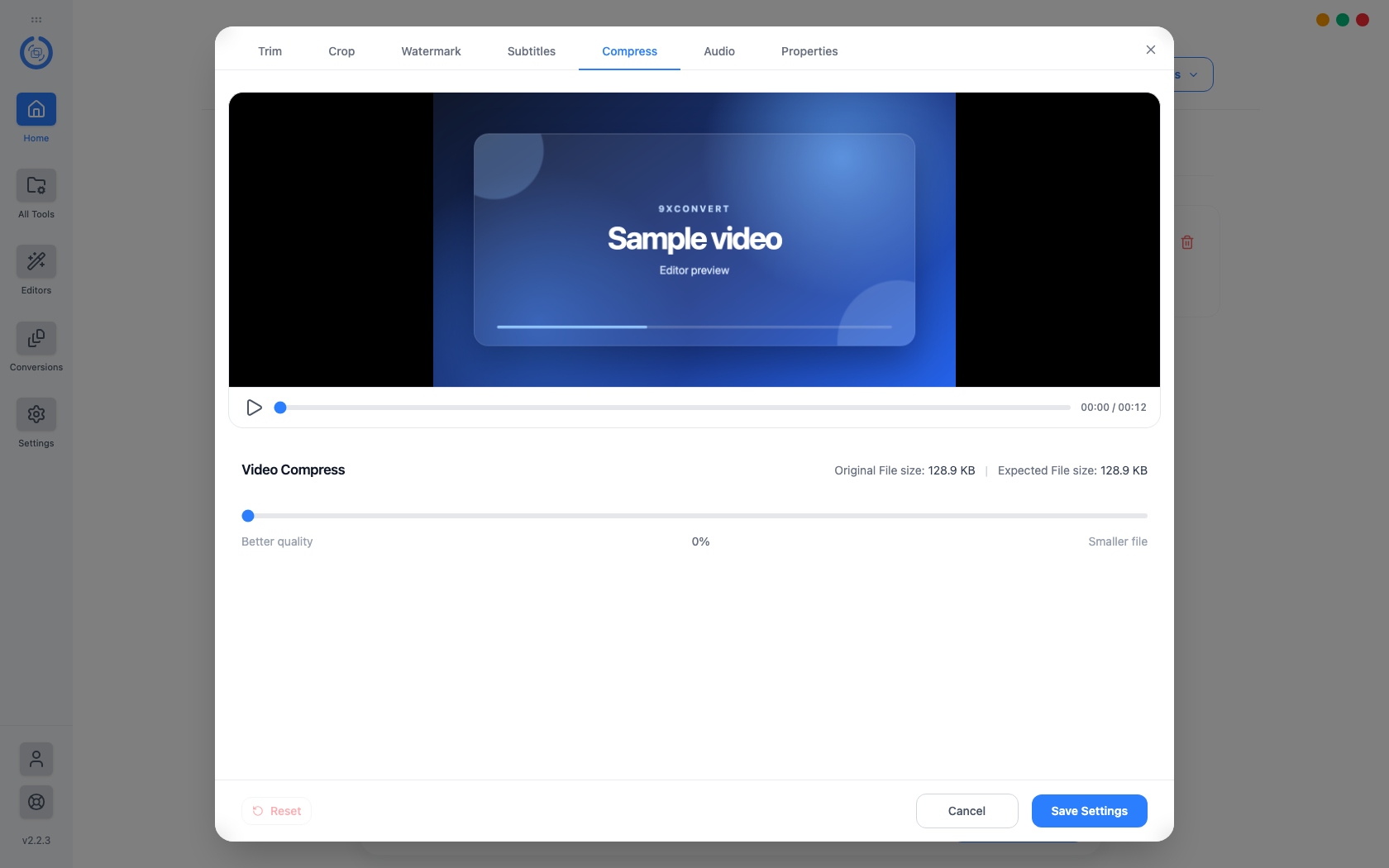 9xconvert Video Compress panel with a preview, a quality-to-size slider, and the original and expected file sizes