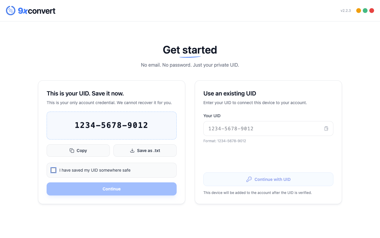 9xconvert welcome screen with a fictional UID reveal and the Use an existing UID form