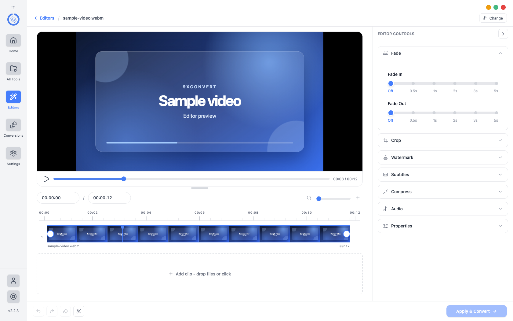 9xconvert video editor before a file is added, with Fade, Crop, Watermark, Subtitles, Compress, Audio, and Properties panels