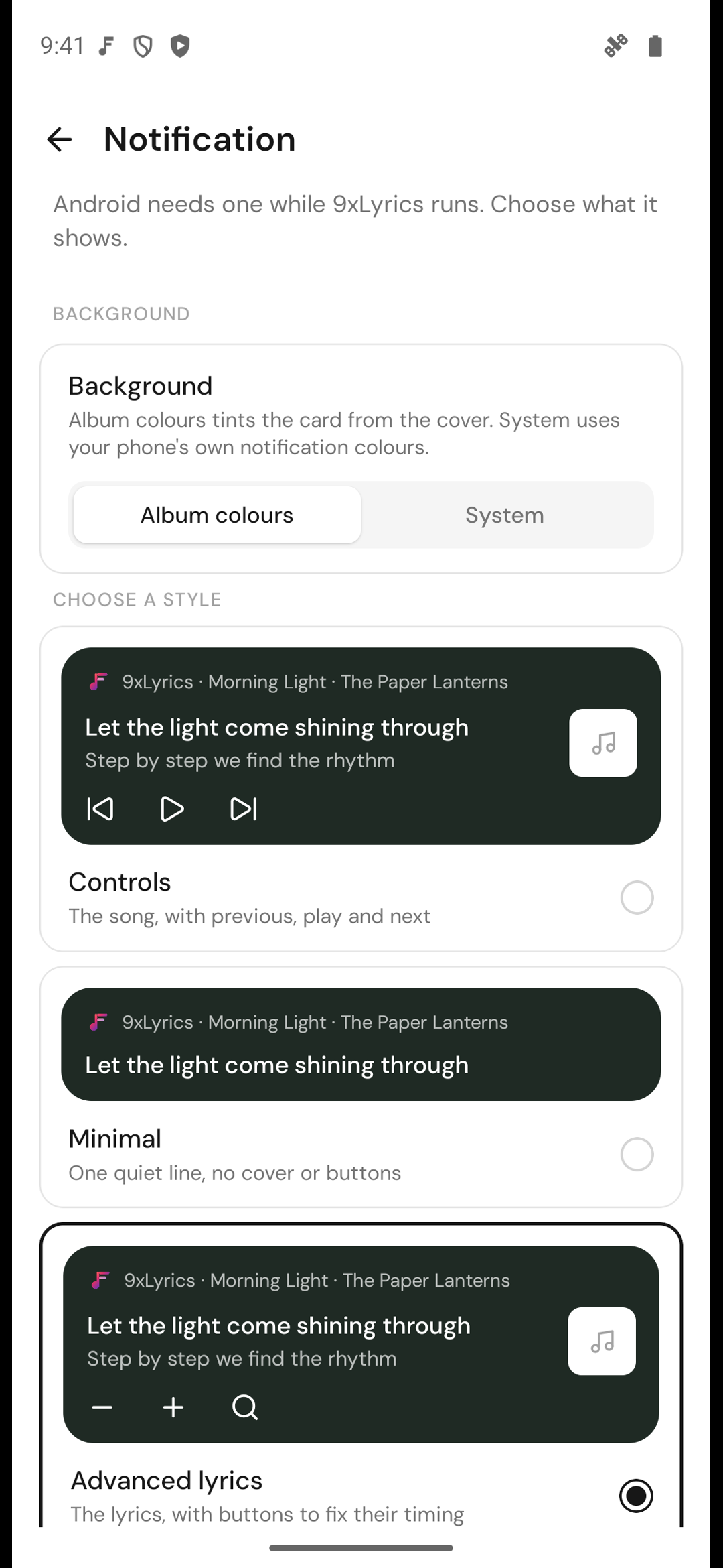 Impostazioni di 9xLyrics per Android nella pagina Notifica, con gli stili Testi avanzati, Controlli e Minimale e la scelta dello sfondo