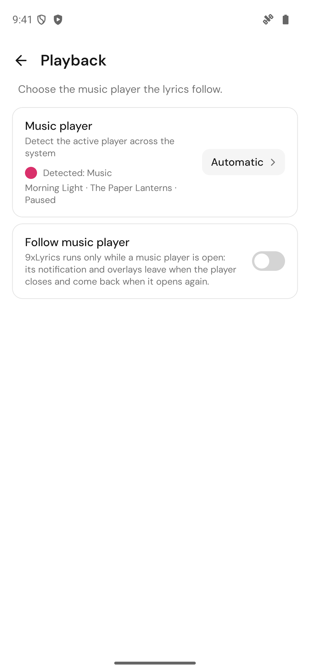Impostazioni di 9xLyrics per Android nella pagina Riproduzione, con il lettore musicale rilevato e Segui il lettore musicale