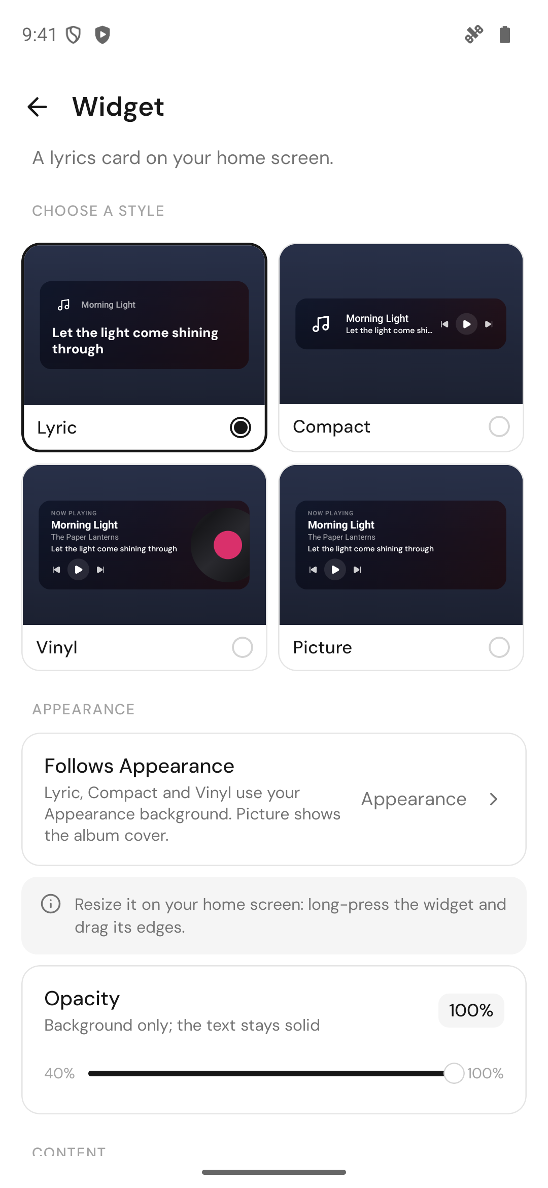 I quattro stili del widget di 9xLyrics in una schermata Home Android: Lirica, Compatto, Vinile e Immagine