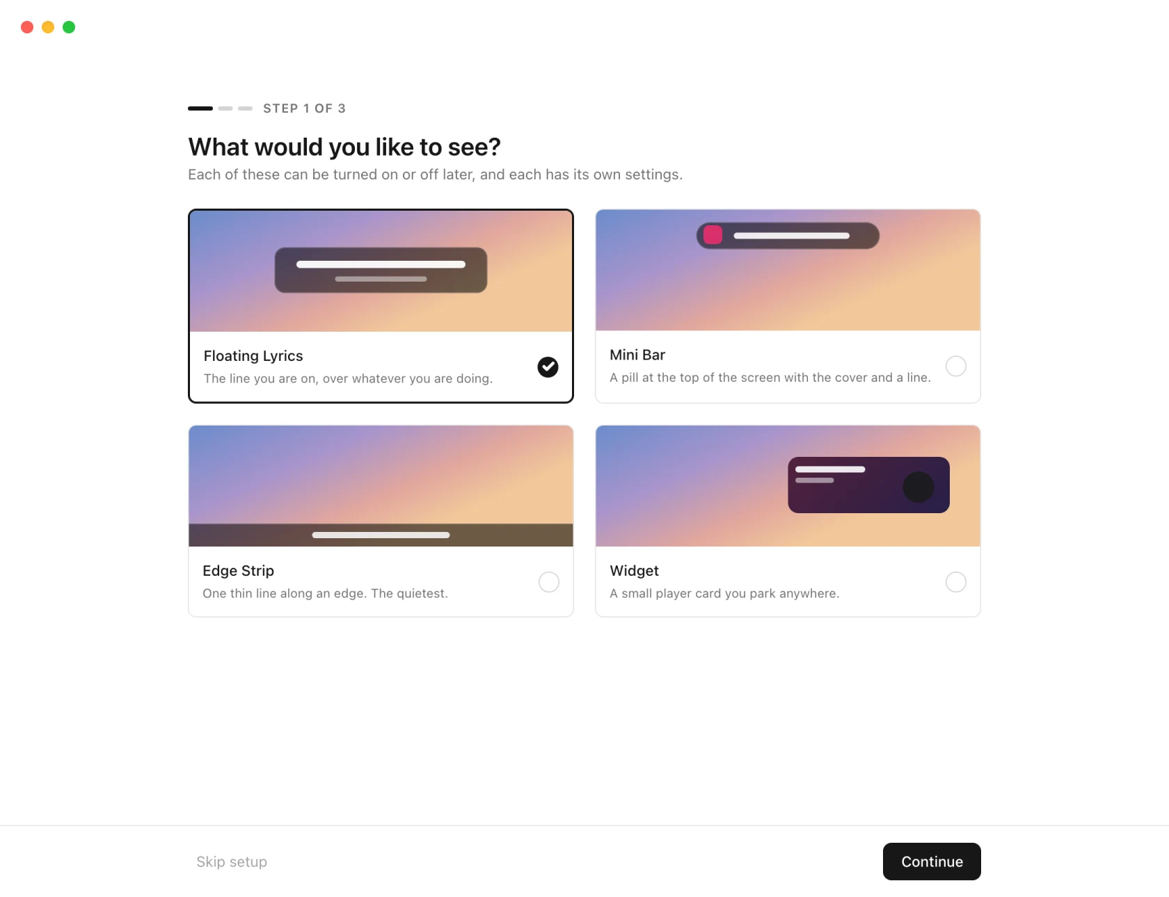 The 9xLyrics setup guide, step 1 of 3, asking What would you like to see? with cards for Floating Lyrics, Mini Bar, Edge Strip and Widget, Floating Lyrics selected