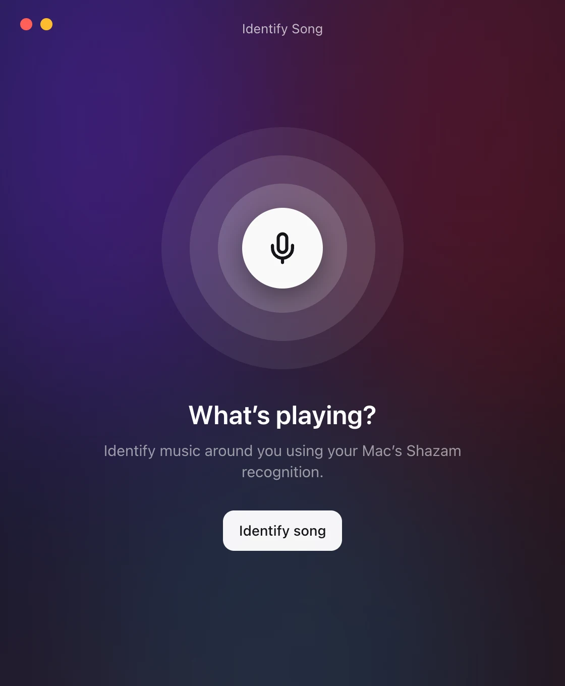 The 9xLyrics Identify Song window, a tall dark window with a microphone button in the middle of concentric rings, the heading What's playing?, and a checkbox reading Listen automatically when opened