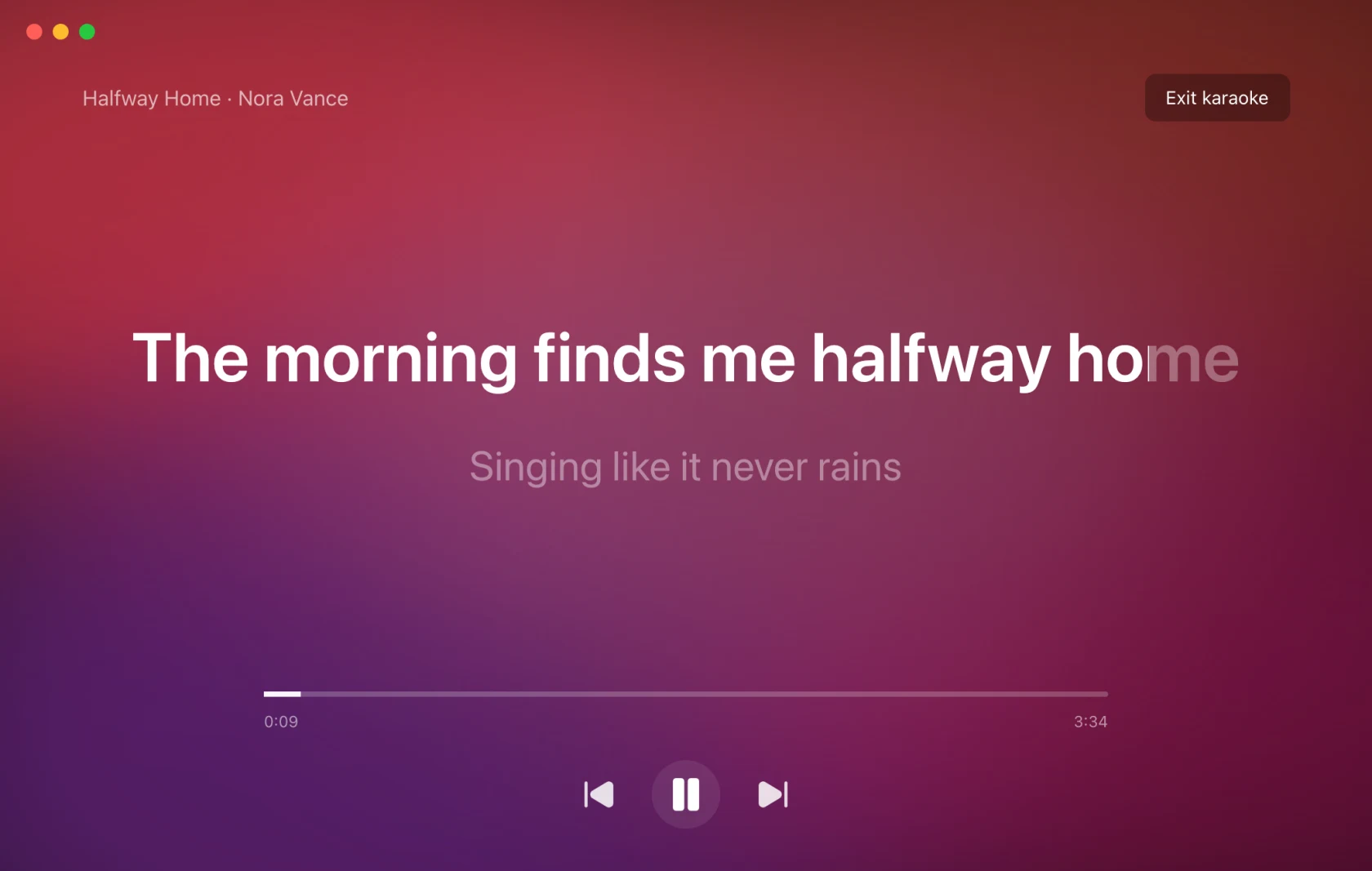 The 9xLyrics karaoke view: the current line very large in the middle of the window with the next line dimmed underneath, over a wash of album colours