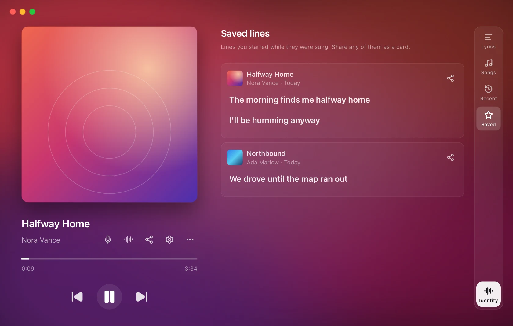 The Saved view in the 9xLyrics Lyrics Window, with one card per song showing its cover, title and artist above the starred lines in the order they are sung