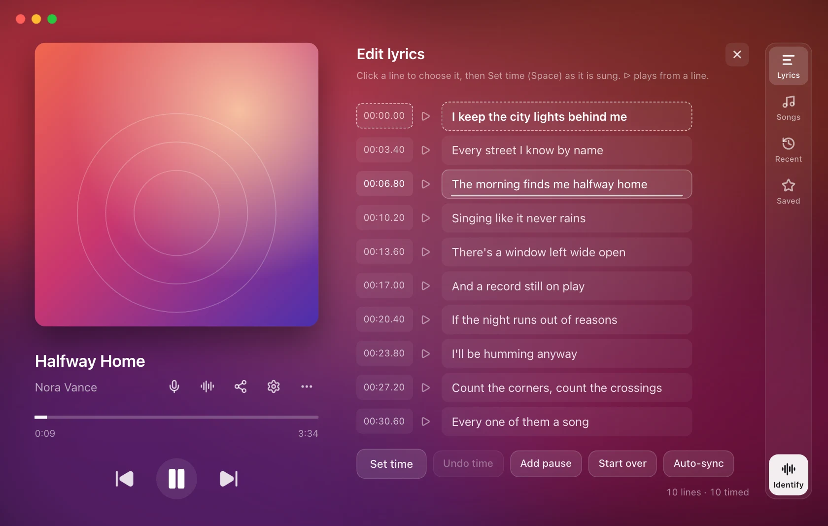 Trình chỉnh sửa lời bài hát 9xLyrics trong Cửa sổ lời bài hát: danh sách các dòng, mỗi dòng có thời gian, nút phát, từ và nút thêm và xóa, phía trên Đặt thời gian, Hoàn tác thời gian, Thêm tạm dừng, Bắt đầu lại và các nút Tự động đồng bộ hóa