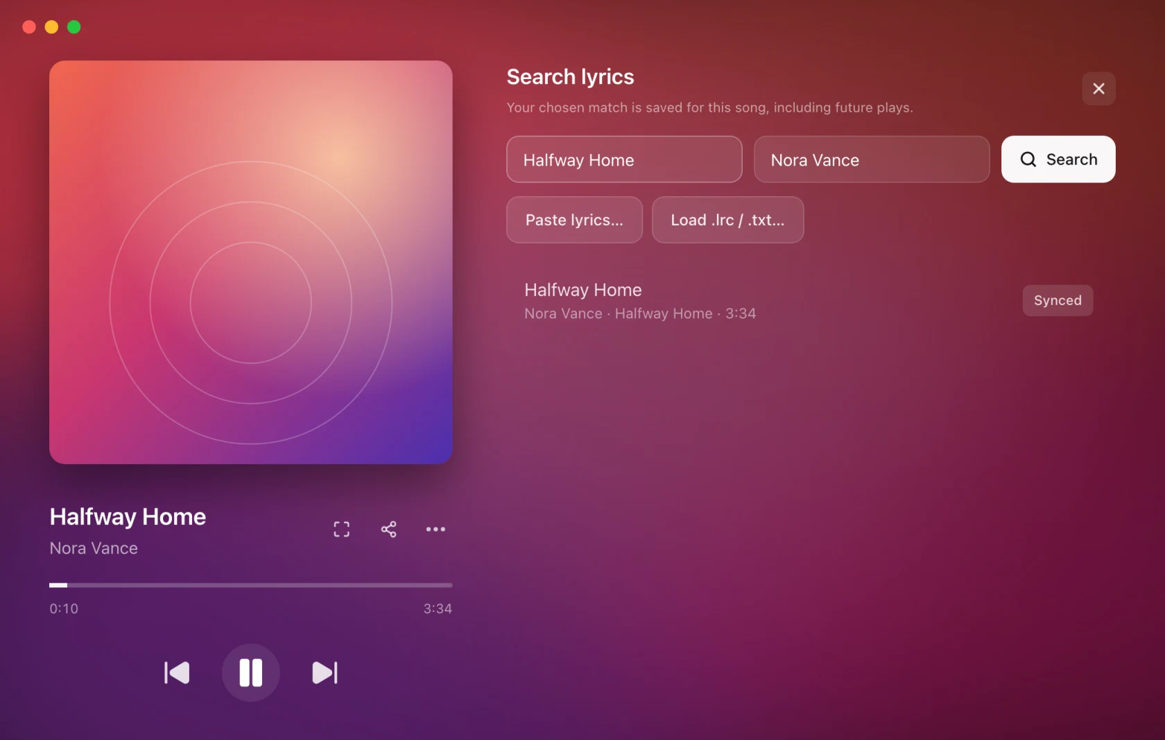 The Search lyrics panel in the 9xLyrics Lyrics Window, with title and artist fields pre-filled, Paste lyrics and Load .lrc buttons, and one result marked Synced