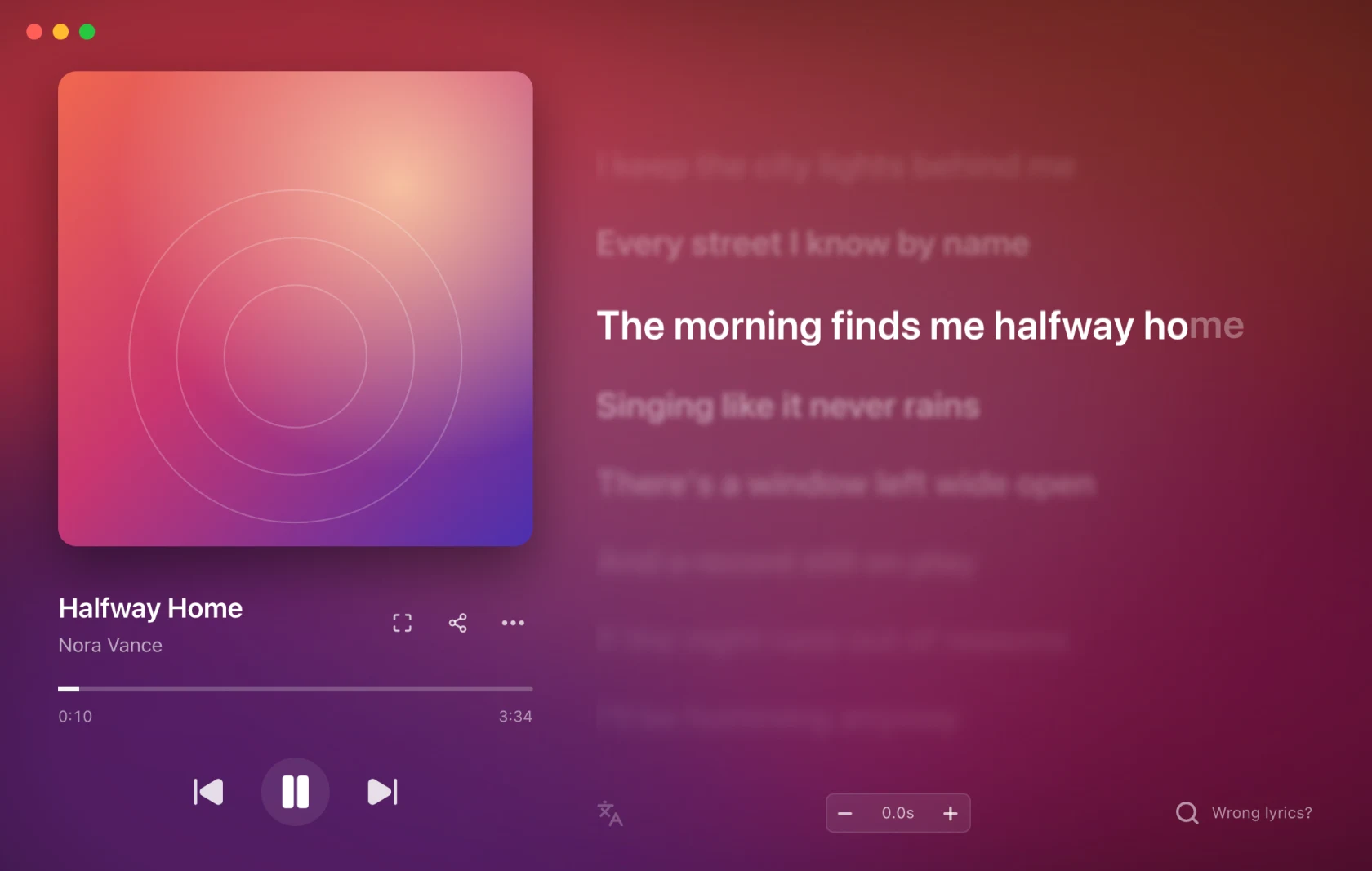 The 9xLyrics Lyrics Window showing the whole song scrolling past the current line, with the album cover, title, artist and transport controls on the left