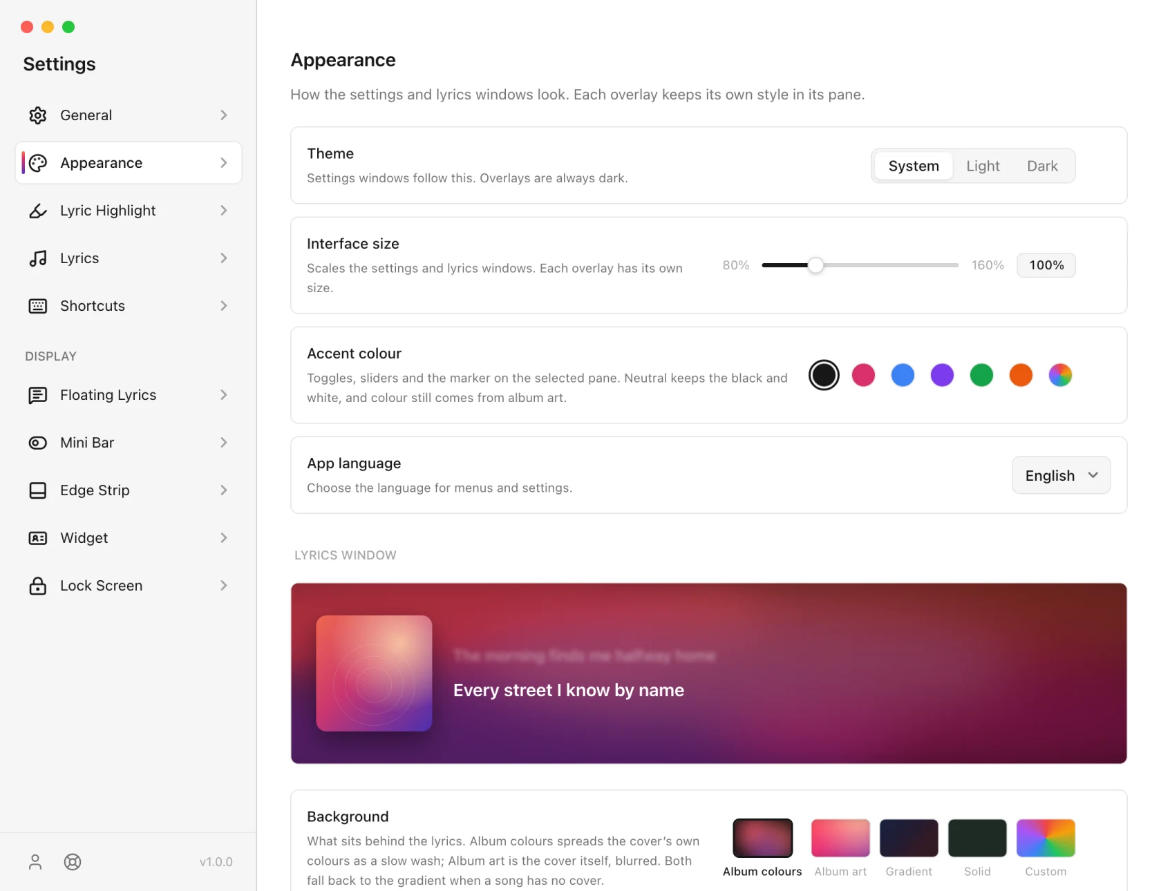 9xLyrics Appearance settings showing Theme, Interface size, Accent colour, App language, and a LYRICS WINDOW section with a live preview above Background options