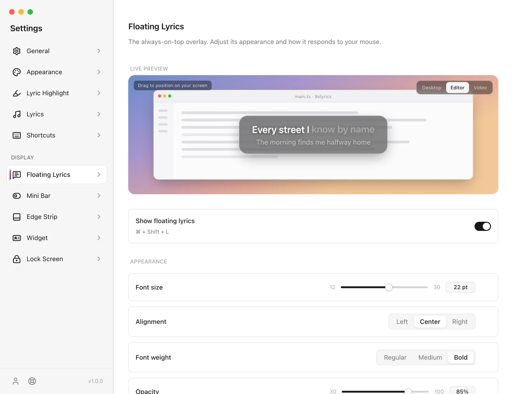 9xLyrics Settings on the Floating Lyrics page, with a live preview at the top and controls for showing the overlay, font size, alignment, font weight and opacity below