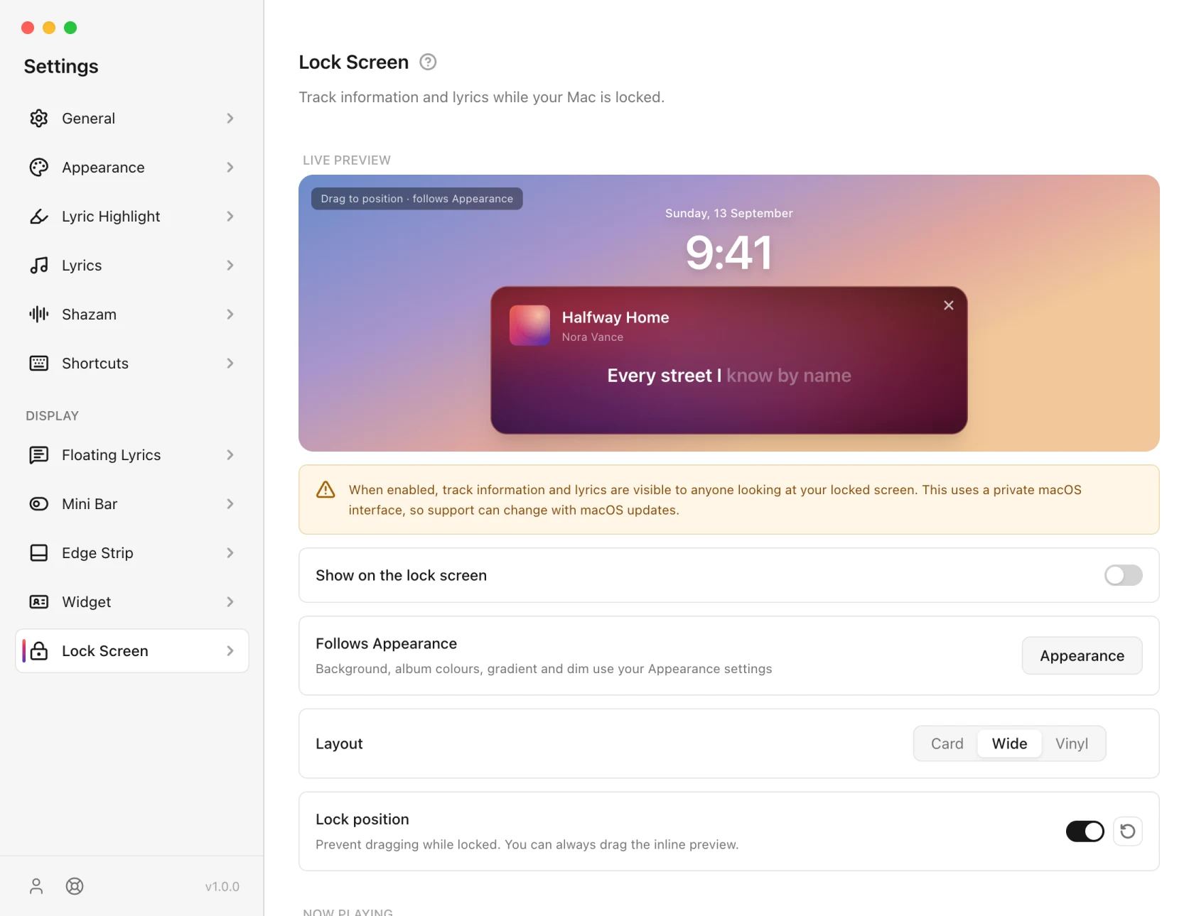 9xLyrics Settings on the Lock Screen page, with a preview of the card over a lock-screen backdrop above controls for showing it, its layout, lock position, and what it shows