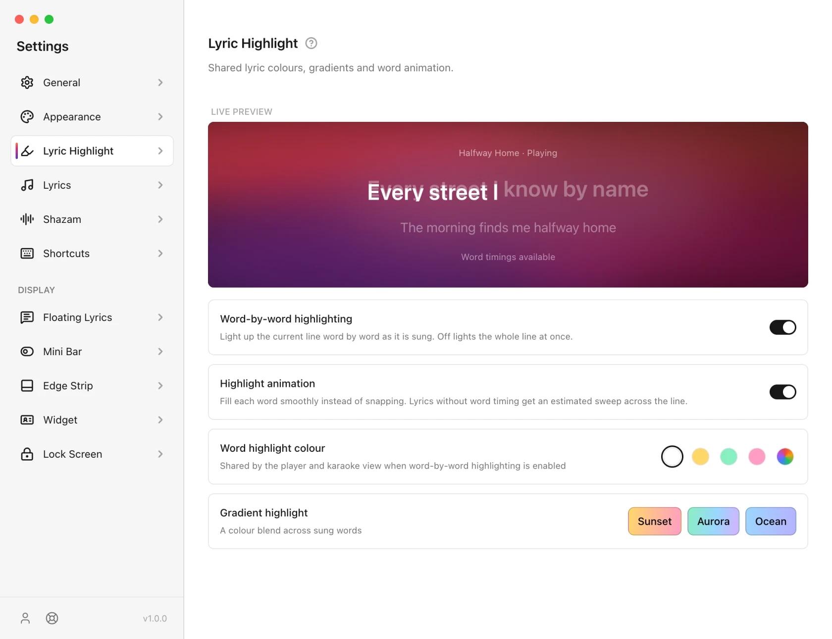 9xLyrics Settings on the Lyric Highlight page, with a live preview of a lyric being highlighted above controls for word-by-word highlighting, highlight animation, word highlight colour swatches and gradient highlight presets