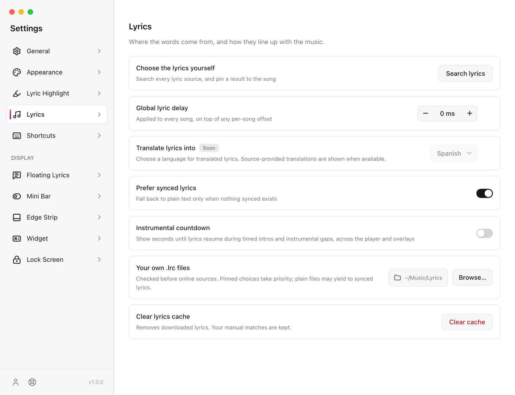 9xLyrics Lyrics settings showing Choose the lyrics yourself with a Search lyrics button, Global lyric delay, Translate lyrics into, Prefer synced lyrics, Instrumental countdown, Your own .lrc files and Clear lyrics cache