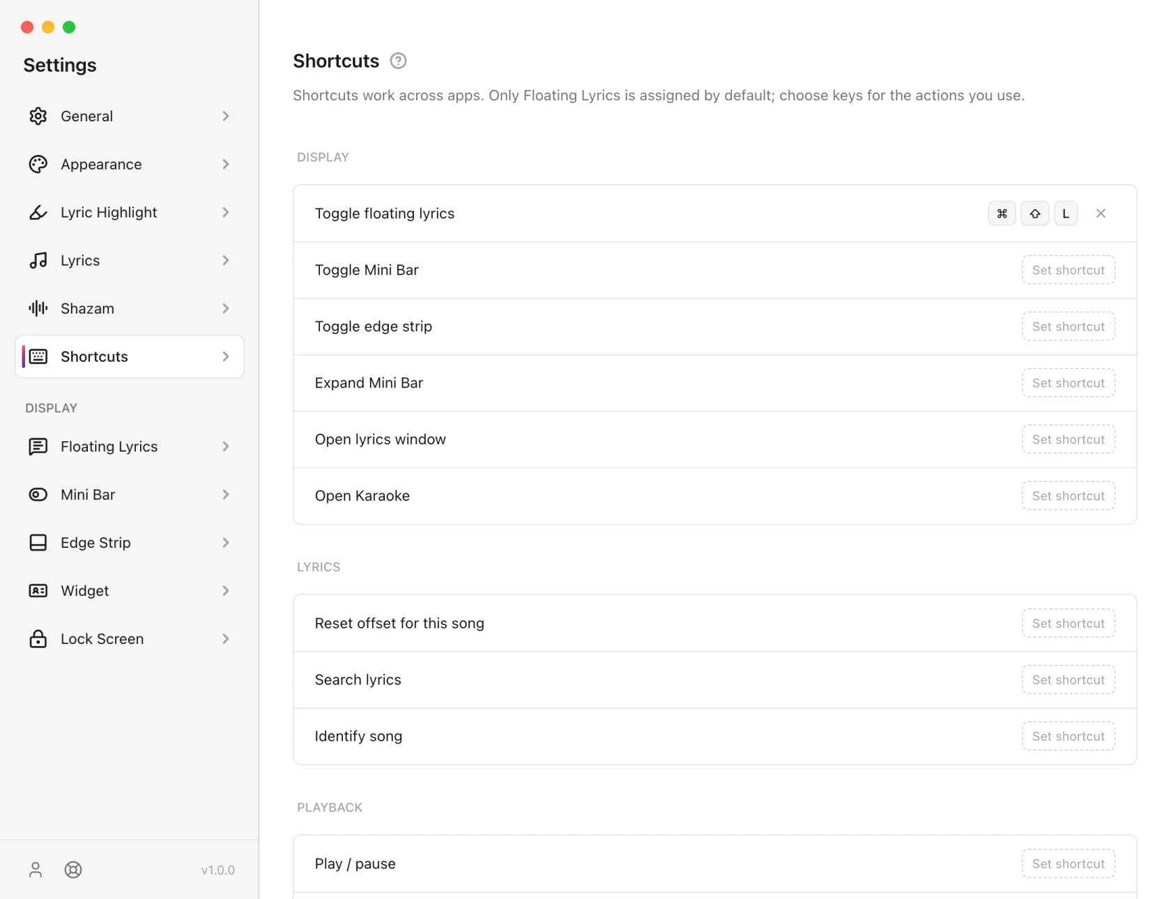 9xLyrics Settings on the Shortcuts page, grouped into DISPLAY, LYRICS and PLAYBACK, with Toggle floating lyrics bound to Command Shift L and every other row reading Set shortcut