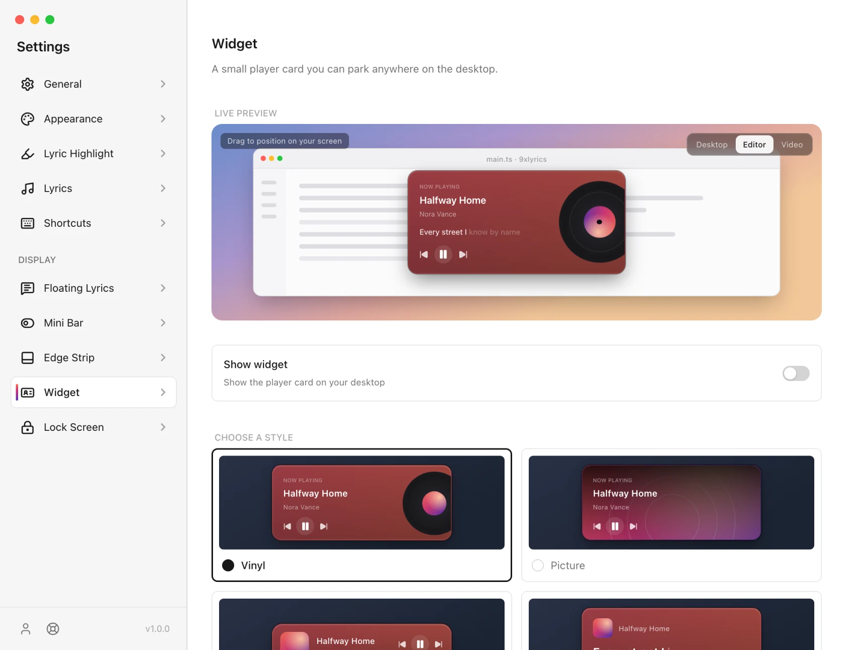 9xLyrics Settings on the Widget page, with a live preview of the card above controls for showing it, the style, theme, size and opacity