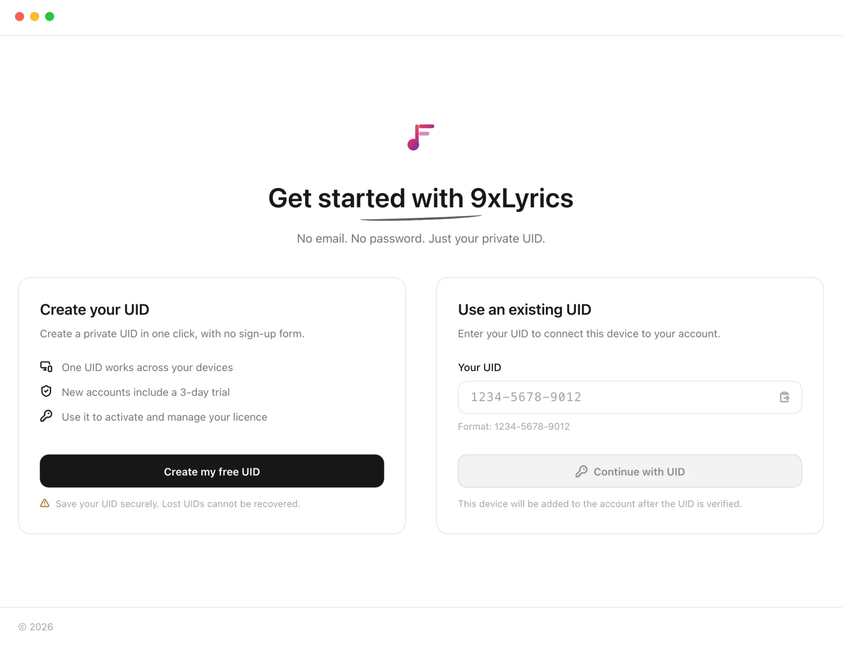 The 9xLyrics start screen with two cards: Create your UID, listing one UID across devices, a 3-day trial and licence activation; and Use an existing UID with a field for the number